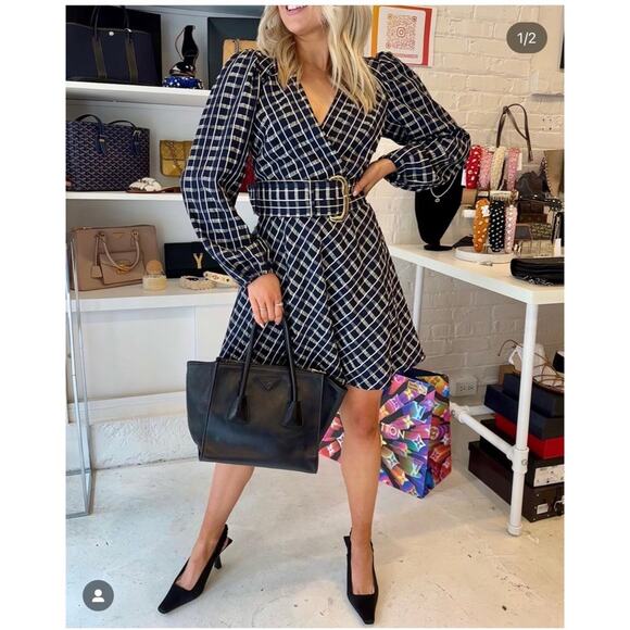NWT Tanya Taylor Nicola Puff-Sleeve Belted Check Mini Dress - Picture 1 of 10
